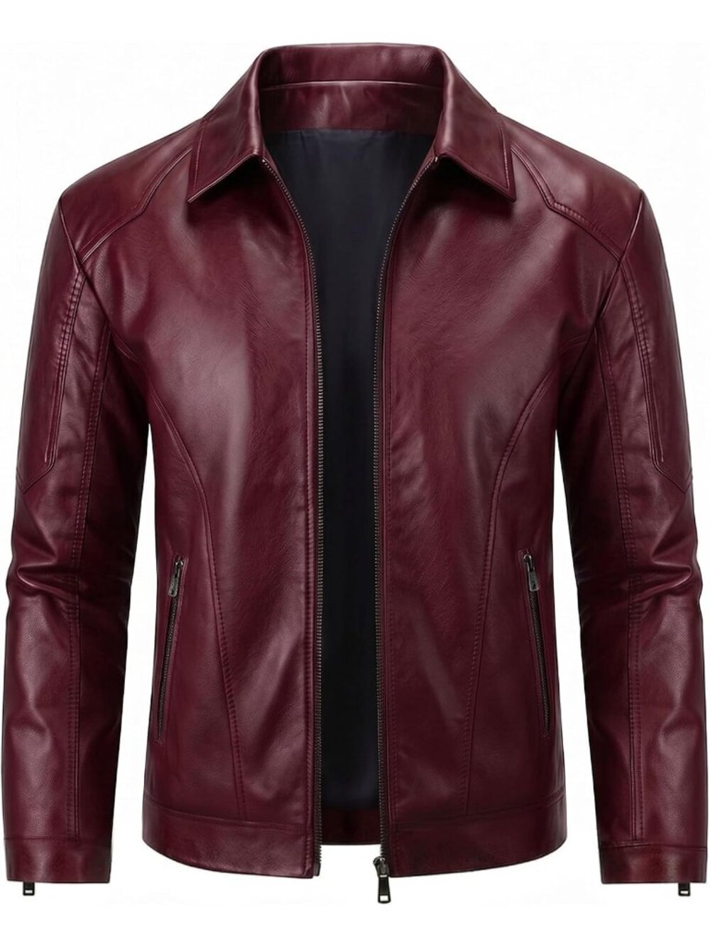 Men’s Red Faux Leather Motorcycle Biker Jacket Turn Down Collar Zip Front Coat